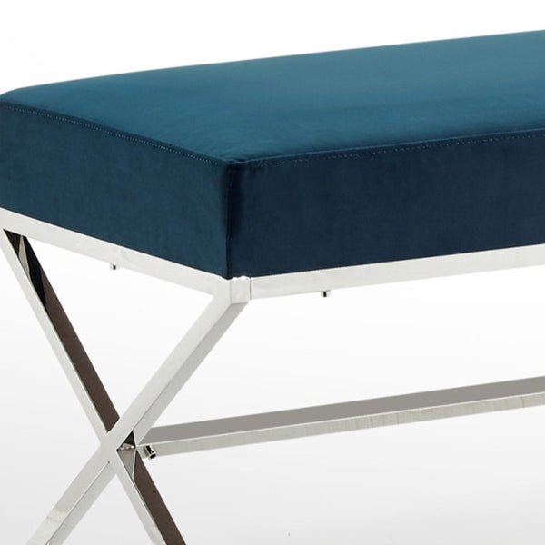 Homeroots 48" Navy Blue And Silver Upholstered Velvet Bench Navy,Velvet Metal 490871