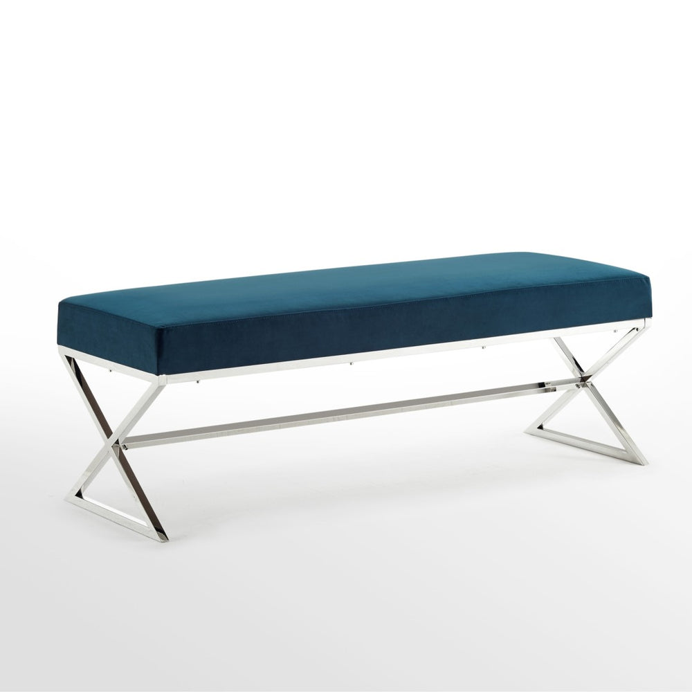 HomeRoots 48" Upholstered Glamour Bench with Gold Metal Base – Stylish Seating for Bedroom and Entryway Decor Navy, Velvet Velvet 490871