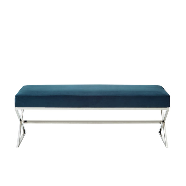 Homeroots 48" Navy Blue And Silver Upholstered Velvet Bench Navy,Velvet Metal 490871