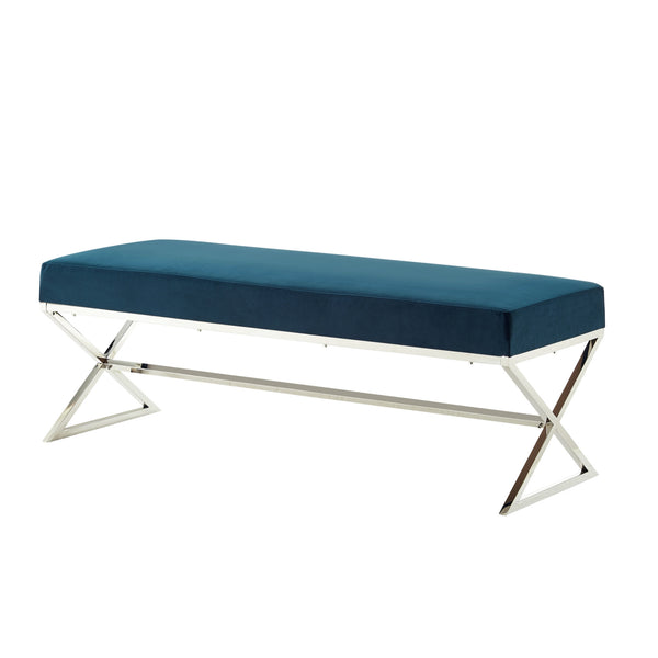 Homeroots 48" Navy Blue And Silver Upholstered Velvet Bench Navy,Velvet Metal 490871