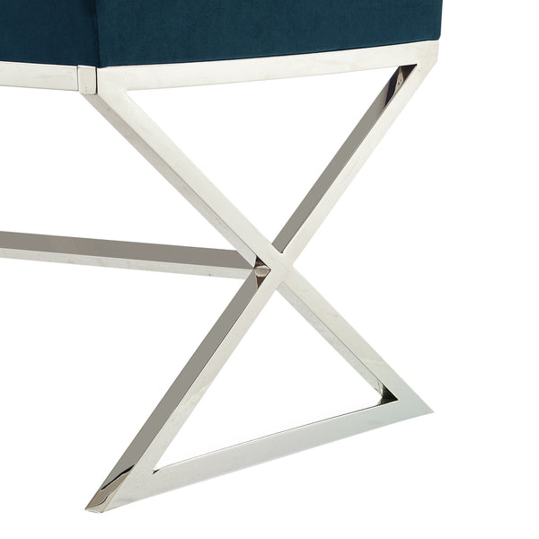 Homeroots 48" Navy Blue And Silver Upholstered Velvet Bench Navy,Velvet Metal 490871