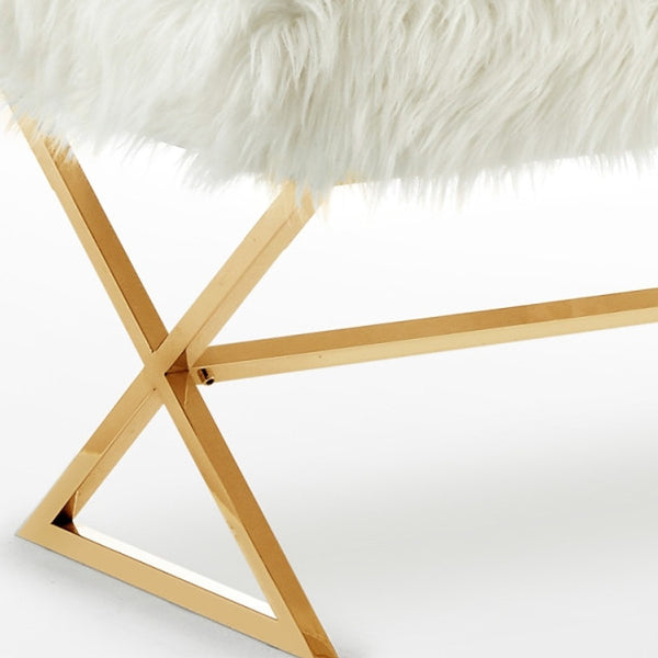 Homeroots 48" White And Gold Upholstered Faux Fur Bench White,Faux Fur Metal 490872