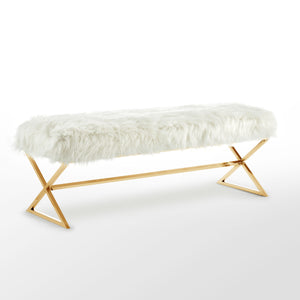 Homeroots 48" White And Gold Upholstered Faux Fur Bench White,Faux Fur Metal 490872