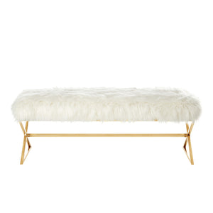 Homeroots 48" White And Gold Upholstered Faux Fur Bench White,Faux Fur Metal 490872