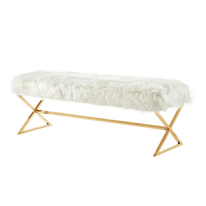 Homeroots 48" White And Gold Upholstered Faux Fur Bench White,Faux Fur Metal 490872