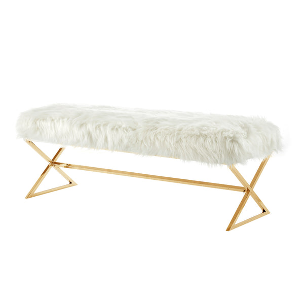 Homeroots 48" White And Gold Upholstered Faux Fur Bench White,Faux Fur Metal 490872