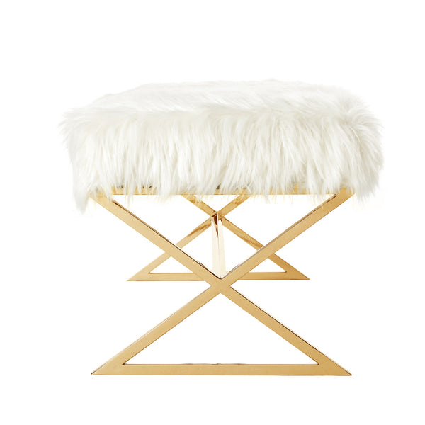 Homeroots 48" White And Gold Upholstered Faux Fur Bench White,Faux Fur Metal 490872