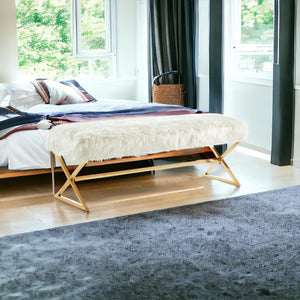 Homeroots 48" White And Gold Upholstered Faux Fur Bench White,Faux Fur Metal 490872