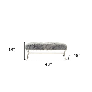 Homeroots 48" Gray And Silver Faux Fur Upholstered Bench Grey,Faux Fur Metal 490873