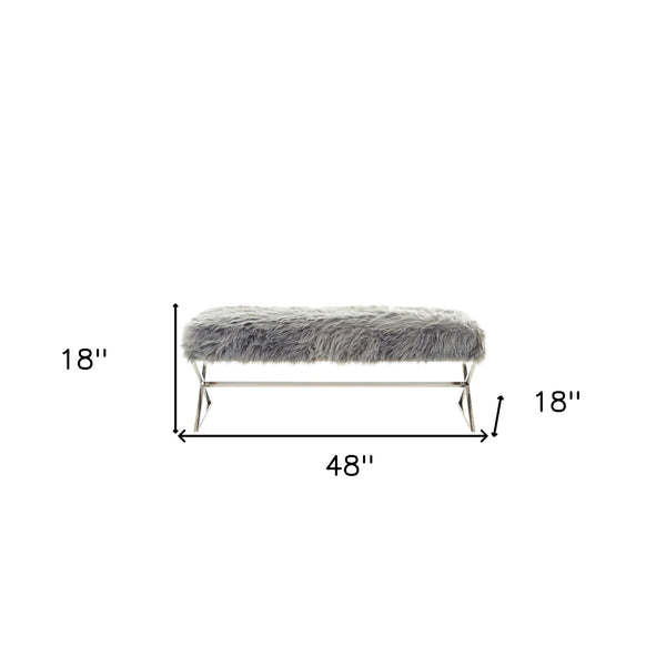 Homeroots 48" Gray And Silver Faux Fur Upholstered Bench Grey,Faux Fur Metal 490873