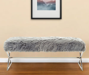 Homeroots 48" Gray And Silver Faux Fur Upholstered Bench Grey,Faux Fur Metal 490873