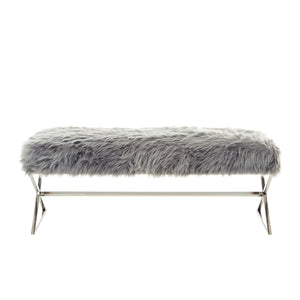 Homeroots 48" Gray And Silver Faux Fur Upholstered Bench Grey,Faux Fur Metal 490873