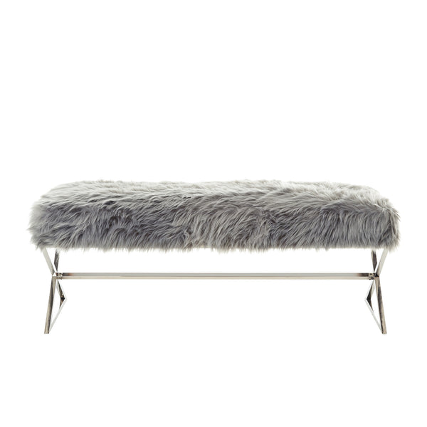 Homeroots 48" Gray And Silver Faux Fur Upholstered Bench Grey,Faux Fur Metal 490873