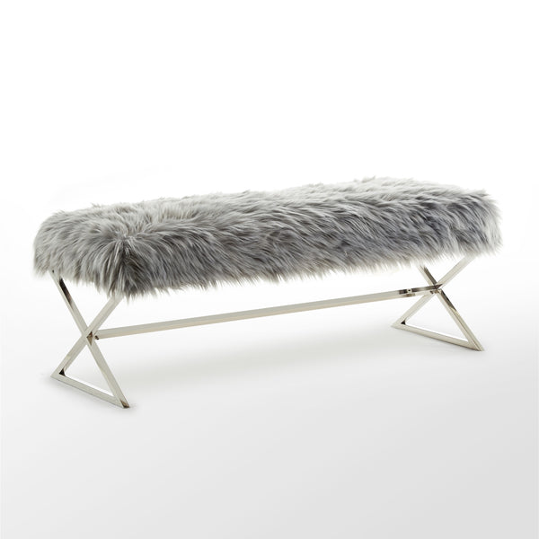 Homeroots 48" Gray And Silver Faux Fur Upholstered Bench Grey,Faux Fur Metal 490873