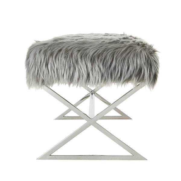 Homeroots 48" Gray And Silver Faux Fur Upholstered Bench Grey,Faux Fur Metal 490873