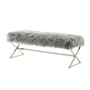Homeroots 48" Gray And Silver Faux Fur Upholstered Bench Grey,Faux Fur Metal 490873