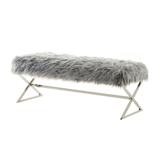 Homeroots 48" Gray And Silver Faux Fur Upholstered Bench Grey,Faux Fur Metal 490873