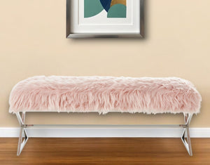 Homeroots 48" Rose And Silver Faux Fur Upholstered Bench Rose,Faux Fur Metal 490874