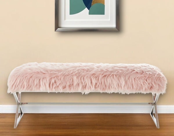 Homeroots 48" Rose And Silver Faux Fur Upholstered Bench Rose,Faux Fur Metal 490874