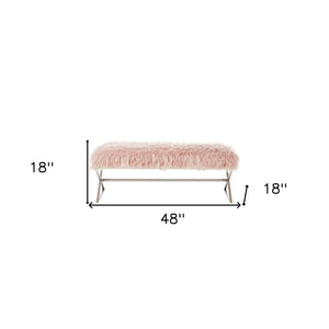 Homeroots 48" Rose And Silver Faux Fur Upholstered Bench Rose,Faux Fur Metal 490874