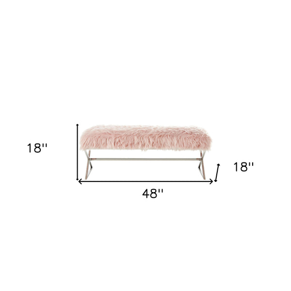 Homeroots 48" Rose And Silver Faux Fur Upholstered Bench Rose,Faux Fur Metal 490874