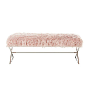 Homeroots 48" Rose And Silver Faux Fur Upholstered Bench Rose,Faux Fur Metal 490874