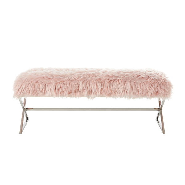 Homeroots 48" Rose And Silver Faux Fur Upholstered Bench Rose,Faux Fur Metal 490874