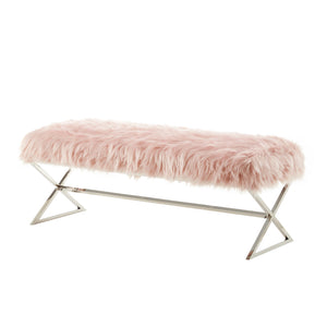 Homeroots 48" Rose And Silver Faux Fur Upholstered Bench Rose,Faux Fur Metal 490874