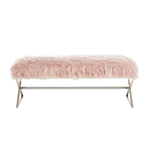 Homeroots 48" Rose And Silver Faux Fur Upholstered Bench Rose,Faux Fur Metal 490874