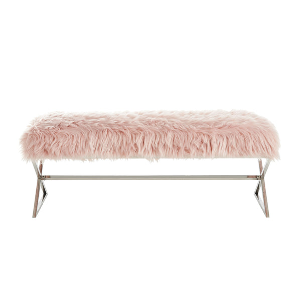 Homeroots 48" Rose And Silver Faux Fur Upholstered Bench Rose,Faux Fur Metal 490874