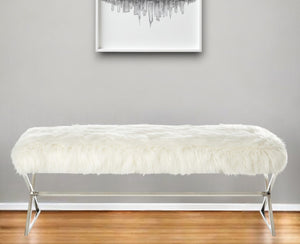 Homeroots 48" White And Silver Faux Fur Upholstered Bench White,Faux Fur Metal 490875