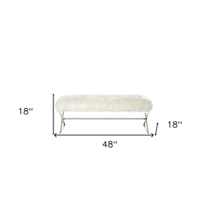 Homeroots 48" White And Silver Faux Fur Upholstered Bench White,Faux Fur Metal 490875