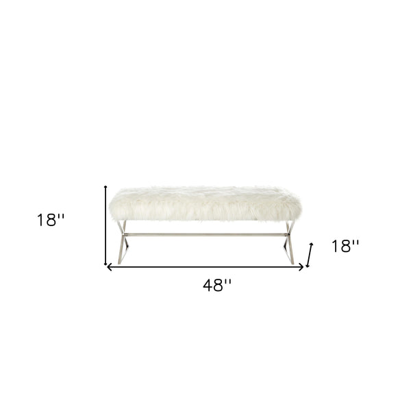 Homeroots 48" White And Silver Faux Fur Upholstered Bench White,Faux Fur Metal 490875