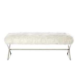 Homeroots 48" White And Silver Faux Fur Upholstered Bench White,Faux Fur Metal 490875
