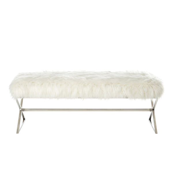 Homeroots 48" White And Silver Faux Fur Upholstered Bench White,Faux Fur Metal 490875