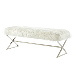 Homeroots 48" White And Silver Faux Fur Upholstered Bench White,Faux Fur Metal 490875