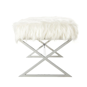 Homeroots 48" White And Silver Faux Fur Upholstered Bench White,Faux Fur Metal 490875