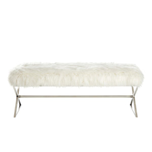 Homeroots 48" White And Silver Faux Fur Upholstered Bench White,Faux Fur Metal 490875