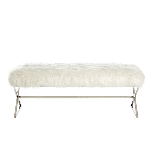 Homeroots 48" White And Silver Faux Fur Upholstered Bench White,Faux Fur Metal 490875