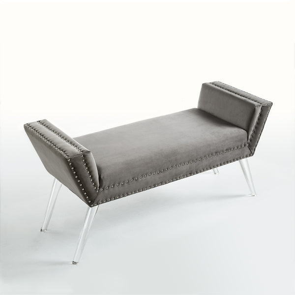 Homeroots 45" Gray And Clear Upholstered Velvet Bench Grey Manufactured Wood 490877