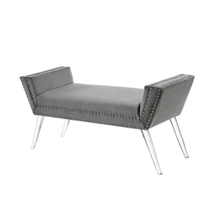 Homeroots 45" Gray And Clear Upholstered Velvet Bench Grey Manufactured Wood 490877