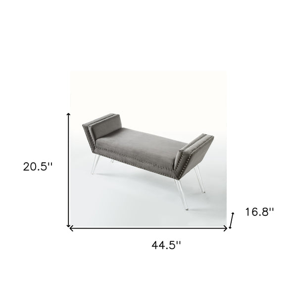 Homeroots 45" Gray And Clear Upholstered Velvet Bench Grey Manufactured Wood 490877