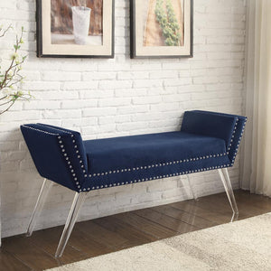 Homeroots 45" Navy Blue And Clear Upholstered Velvet Bench Navy Manufactured Wood 490878