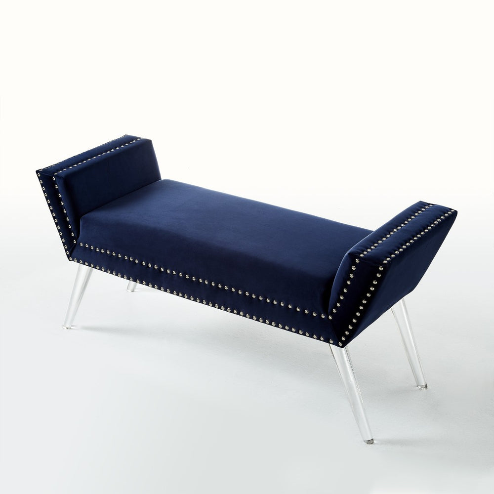 HomeRoots 45" Upholstered Velvet Bench with Clear Metal Base – Modern Comfort for Bedroom or Entryway Decor Navy 490878