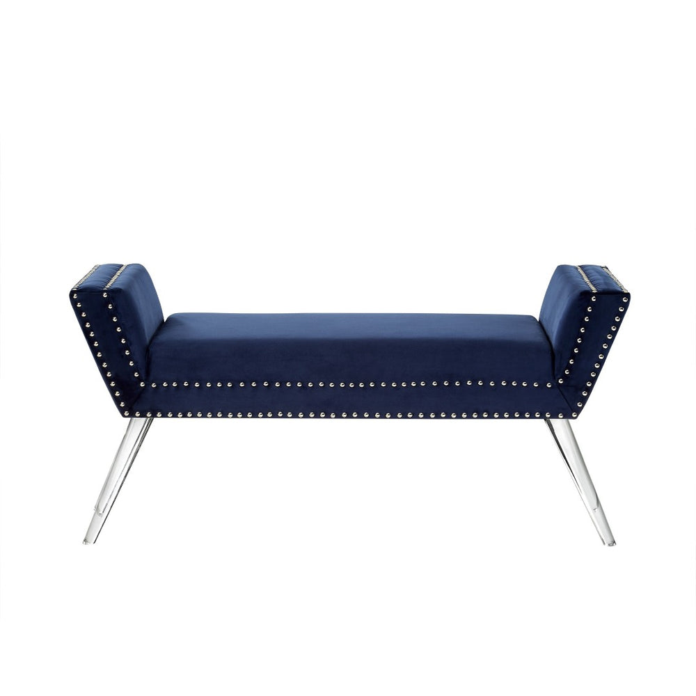 HomeRoots 45" Upholstered Velvet Bench with Clear Metal Base – Modern Comfort for Bedroom or Entryway Decor Navy 490878