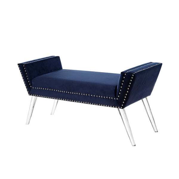 Homeroots 45" Navy Blue And Clear Upholstered Velvet Bench Navy Manufactured Wood 490878
