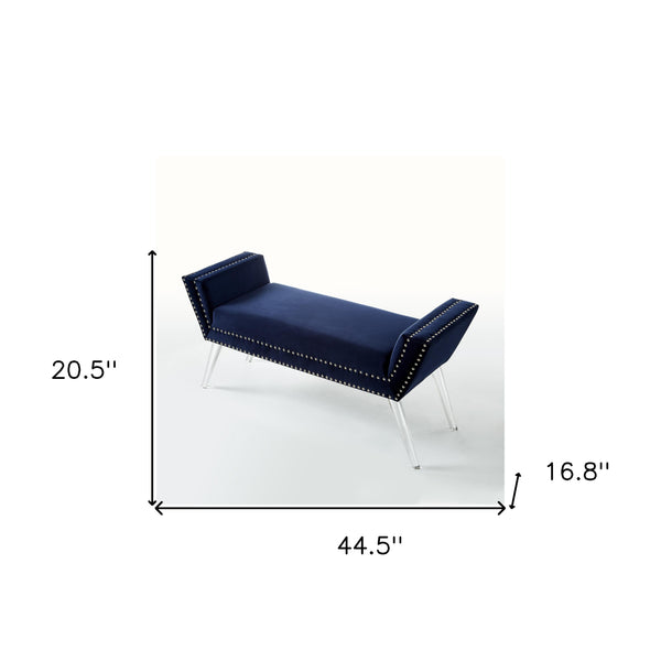 Homeroots 45" Navy Blue And Clear Upholstered Velvet Bench Navy Manufactured Wood 490878