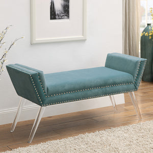 Homeroots 45" Slate Blue And Clear Upholstered Velvet Bench Slate Blue Manufactured Wood 490879