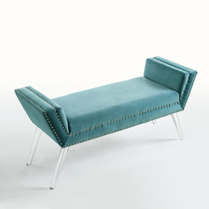 Homeroots 45" Slate Blue And Clear Upholstered Velvet Bench Slate Blue Manufactured Wood 490879