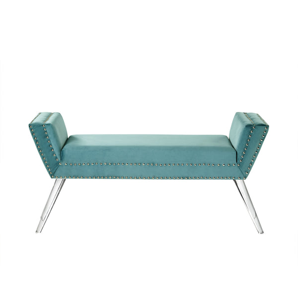 Homeroots 45" Slate Blue And Clear Upholstered Velvet Bench Slate Blue Manufactured Wood 490879